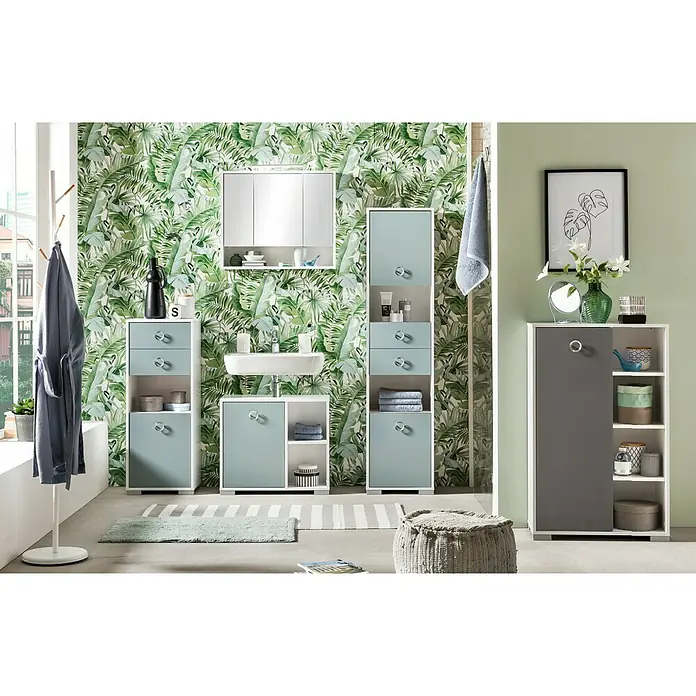 Schildmeyer Kimi Waschtischunterschrank - 65 x 33 x 58 cm, Weiß, Taubenblau - Stimmungsaufnahme