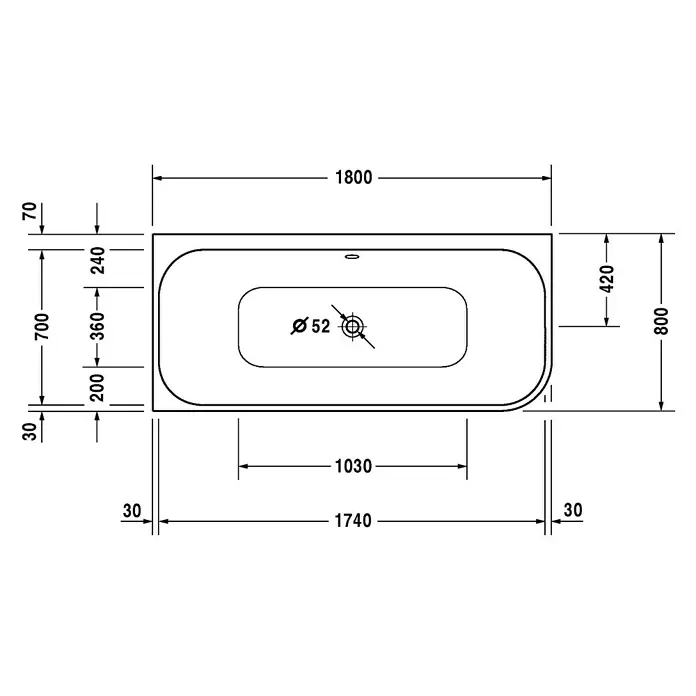Duravit Happy D.2 Badewanne - 180 x 80 cm, Raumecke Links, Sanitäracryl, Weiß - Vorderansicht