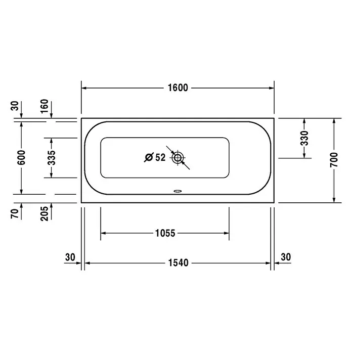 Duravit Happy D.2 Badewanne - 160 x 70 cm, Rückenschräge Rechts, Sanitäracryl, Weiß - Vorderansicht