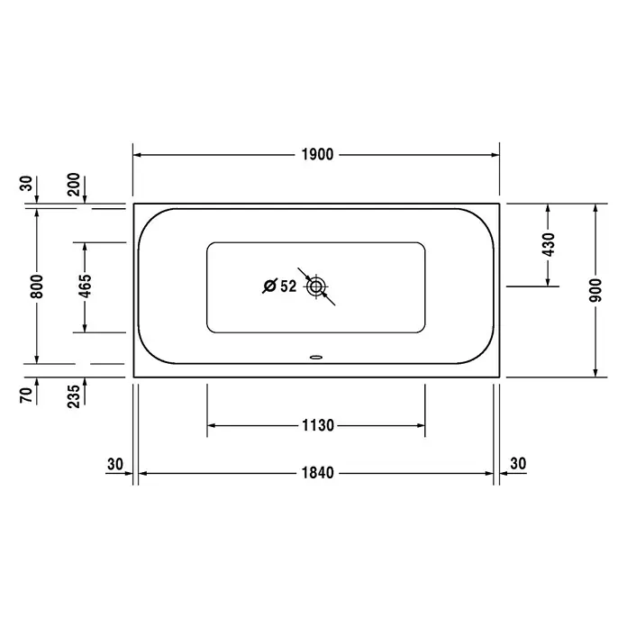 Duravit Happy D.2 Badewanne - 190 x 90 cm, Rechteck, Sanitäracryl, Weiß - Vorderansicht