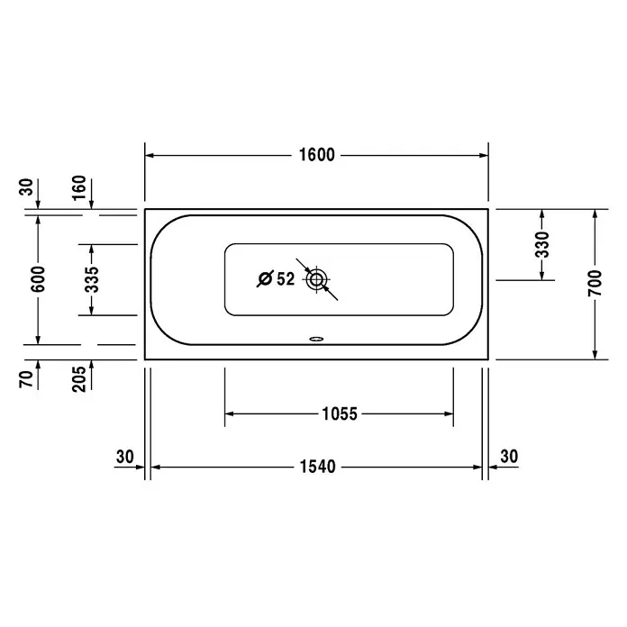 Duravit Happy D.2 Badewanne - 160 x 70 cm, Rückenschräge Links, Sanitäracryl, Weiß - Vorderansicht