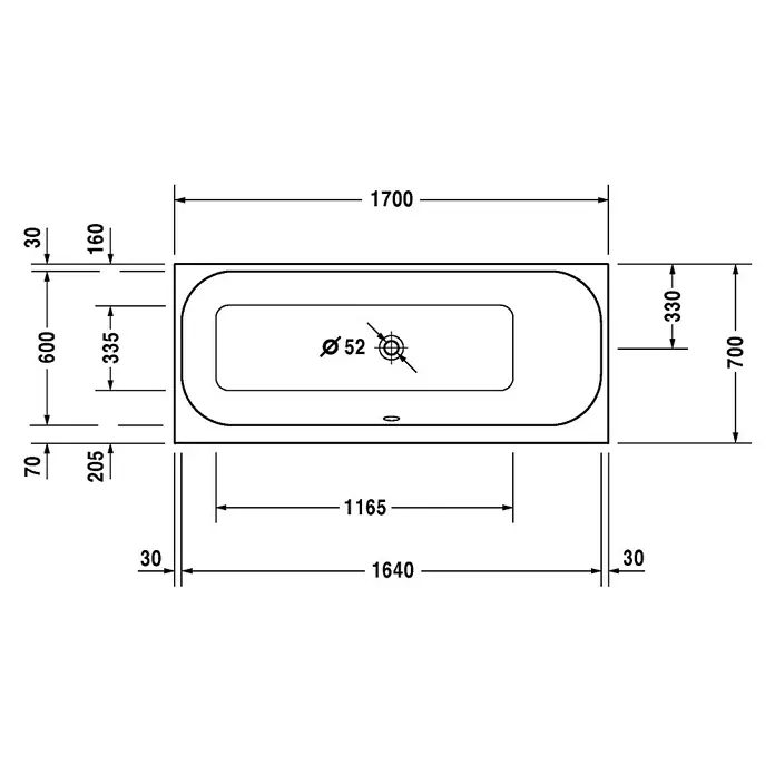 Duravit Happy D.2 Badewanne - 170 x 70 cm, Rückenschräge Rechts, Sanitäracryl, Weiß - Vorderansicht