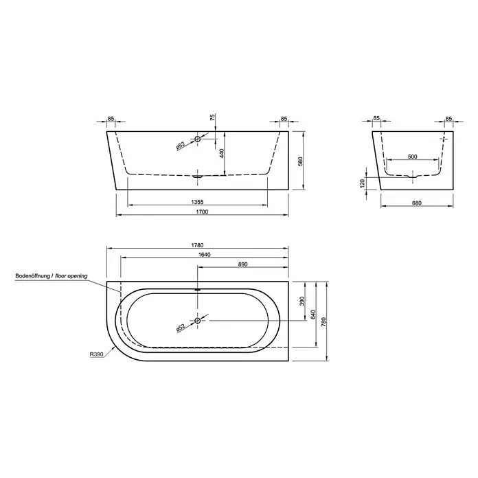 Ottofond Freistehende Badewanne Siesta Corner - Linksseitig, 178 x 78 cm, Sanitäracryl, Schwarz/Weiß
