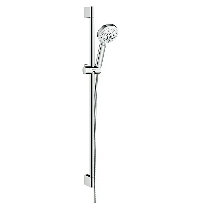 Hansgrohe Crometta Brausegarnitur 100 Vario - Lochabstand: 91,5 cm, Art Strahl: Rain, Normalstrahl, Shampoostrahl, Massagestrahl, Chrom/Weiß - Vorderansicht