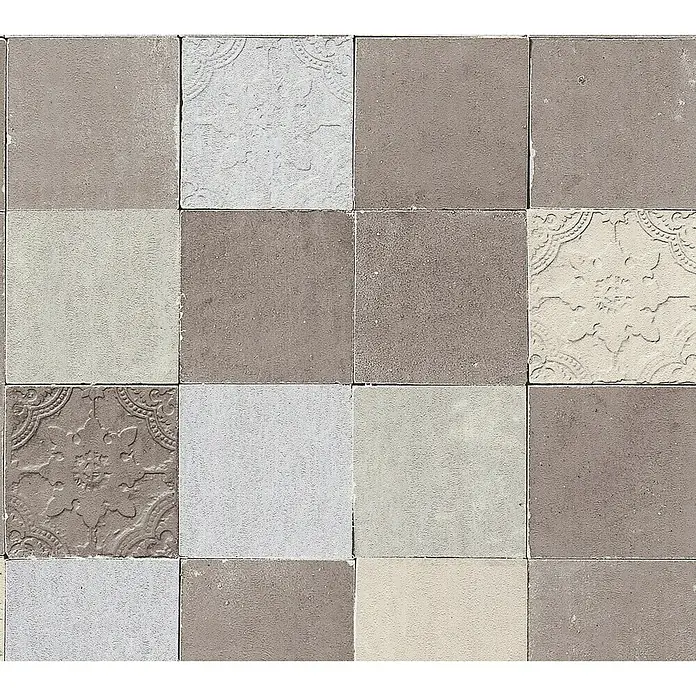 AS Creation New Walls Vliestapete Finca Living Fliese Silber - Creme/Grau, Fliesenoptik, 10,05 x 0,53 m - Detailaufnahme