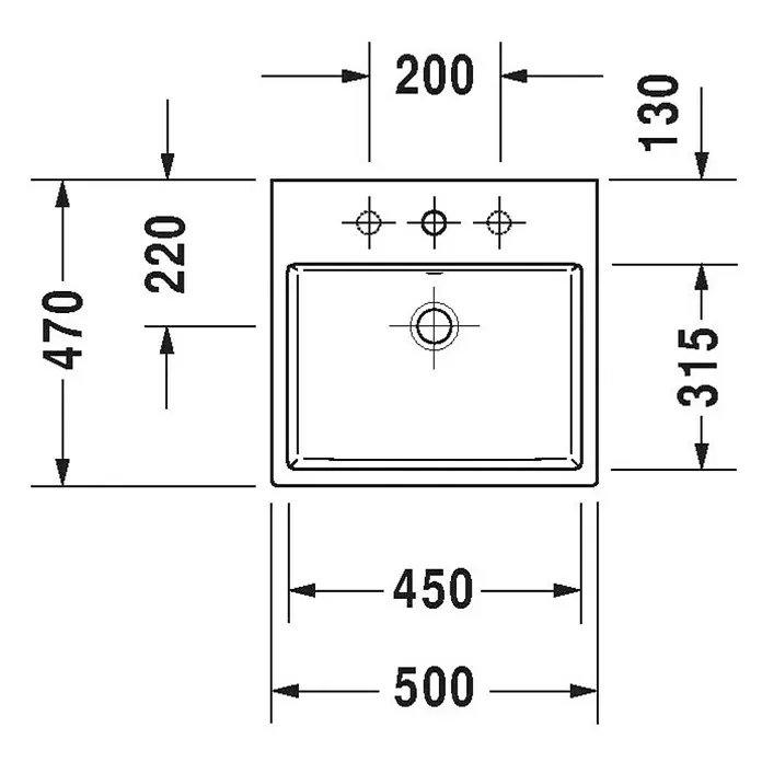 Duravit Vero Air Waschbecken - 50 x 47 cm, Ohne Spezialglasur, Hahnloch: Ohne, Mit Überlauf, Weiß, Ungeschliffen - Skizze