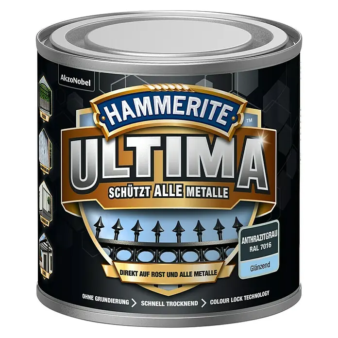 Hammerite Metall-Schutzlack ULTIMA - RAL 7016, Anthrazitgrau, 250 ml, Glänzend, Wasserbasiert