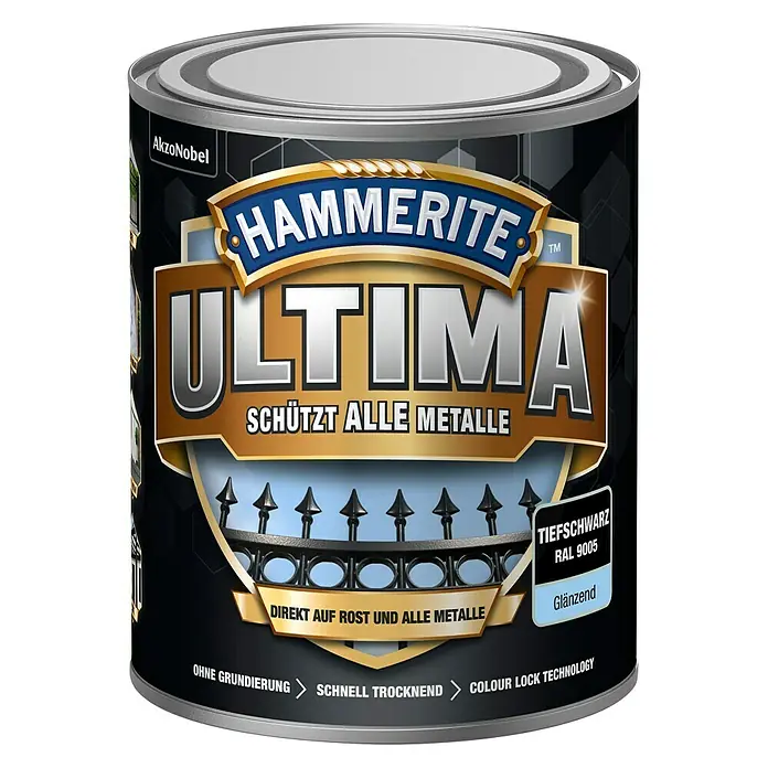 Hammerite Metall-Schutzlack ULTIMA - RAL 9005, Tiefschwarz, 750 ml, Glänzend