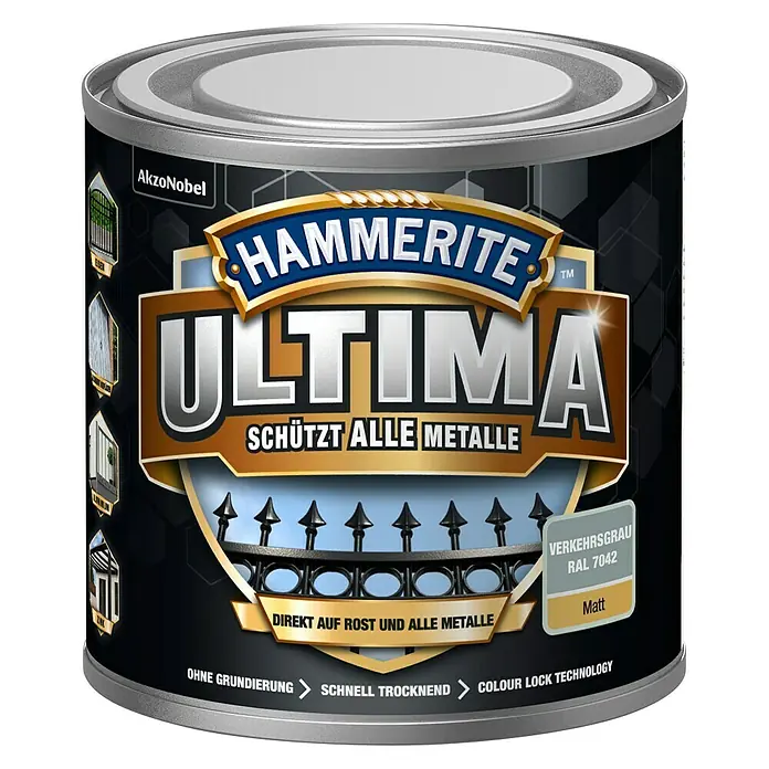 Hammerite Metall-Schutzlack ULTIMA - RAL 7042, Verkehrsgrau, 250 ml, Matt
