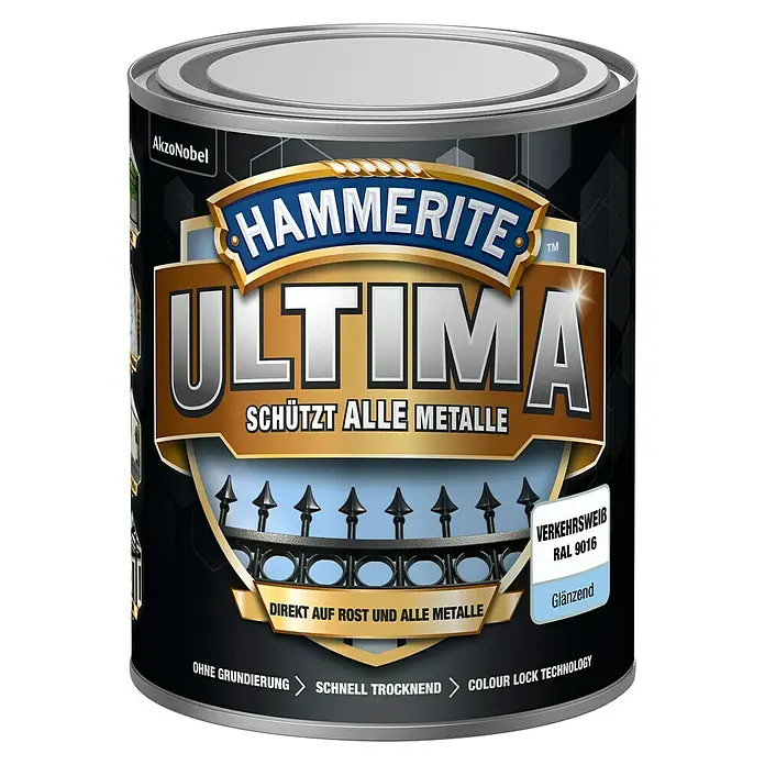 Hammerite Metall-Schutzlack ULTIMA - RAL 9016, Verkehrsweiß, 750 ml, Glänzend