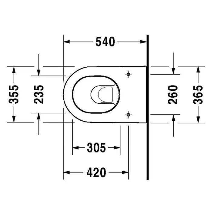 Duravit Darling New Wand-WC Typ 2 - Mit Spülrand, Ohne Spezialglasur, Spülform: Tief, WC Abgang: Waagerecht, Weiß - Skizze