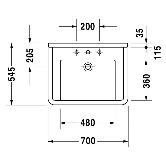 Duravit Starck 3 Waschtisch Vital - 70 x 54,5 cm, Mit schmutzabweisender Glasur, Hahnloch: Mitte, Mit Überlauf, Weiß - Skizze