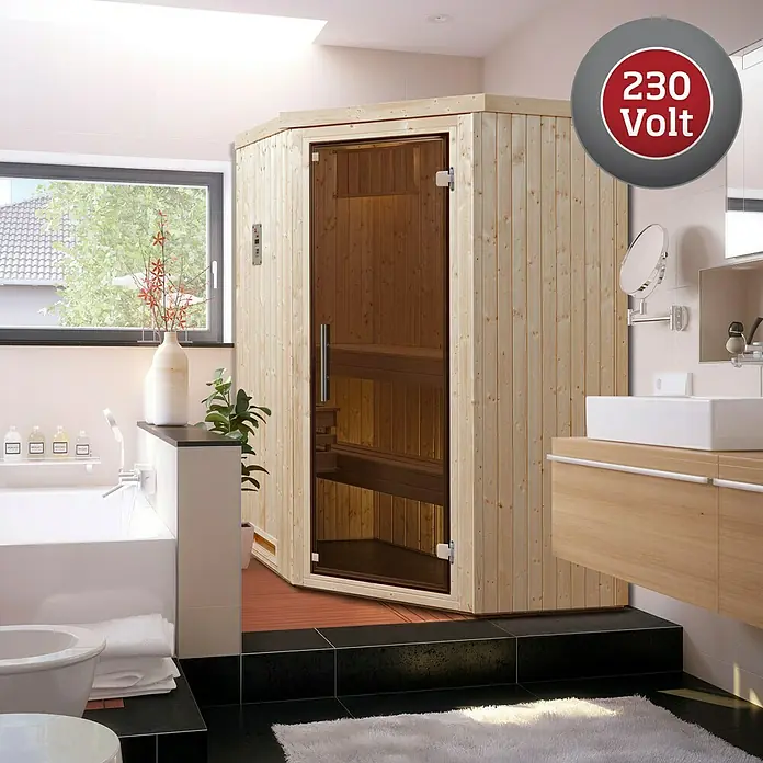Weka Elementsauna 508 GT Gr.1 K - Mit 3,6 kW Saunaofen mit integrierter Steuerung, 144 x 144 x 199 cm - Stimmungsaufnahme