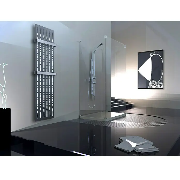 Designheizkörper Broken Mirror 3 - 47 x 180 cm, Mit 2 Handtuchhalter (50 mm), 1.118 W bei 75/65/20 °C, Weiß/Moonstone-Grau - Linke Seitenansicht