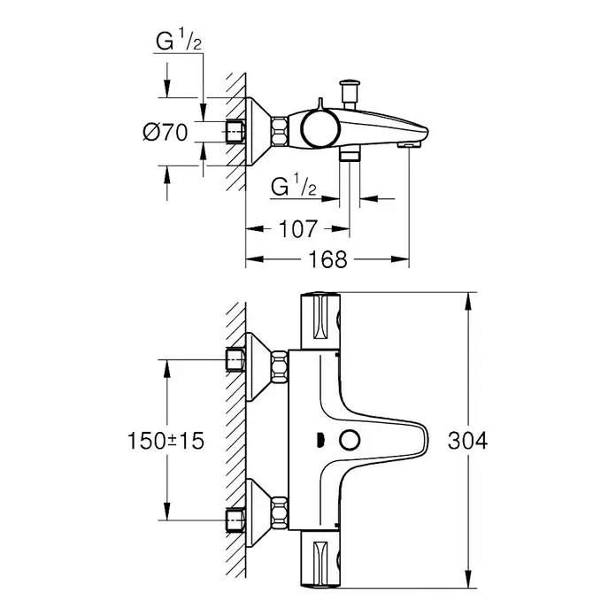 Grohe Grohtherm 800 Slavina za kadu s termostatom - Krom, Sjaj - Pogled sprijeda