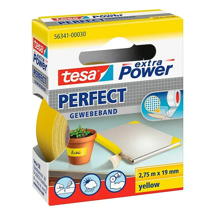 Tesa Extra Power Gewebeband PERFECT - Gelb, 2,75 m x 19 mm - Linke Seitenansicht