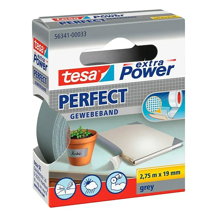 Tesa Extra Power Gewebeband PERFECT - Grau, 2,75 m x 19 mm - Linke Seitenansicht