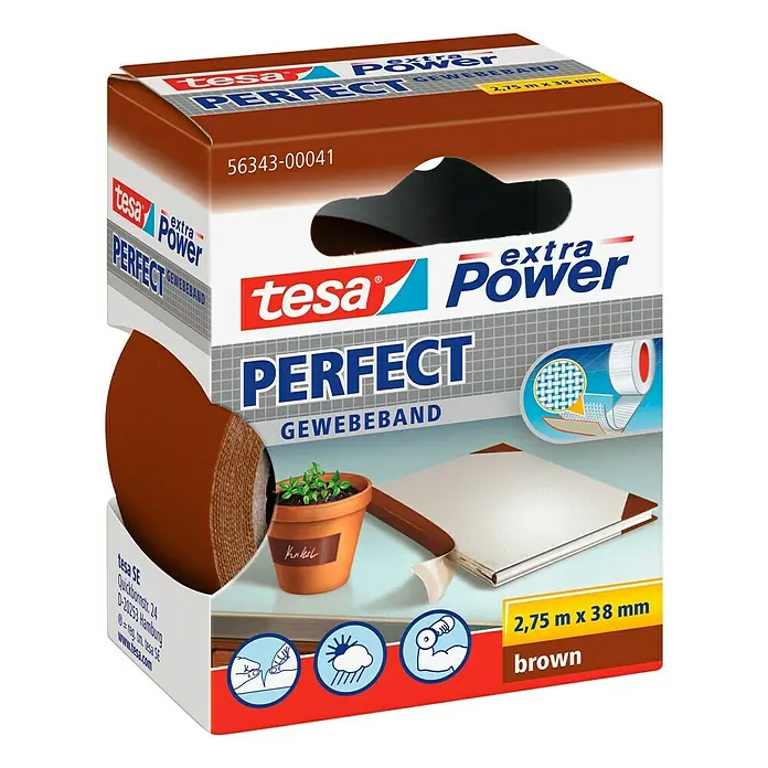 Tesa Extra Power Gewebeband PERFECT - Braun, 2,75 m x 38 mm - Linke Seitenansicht
