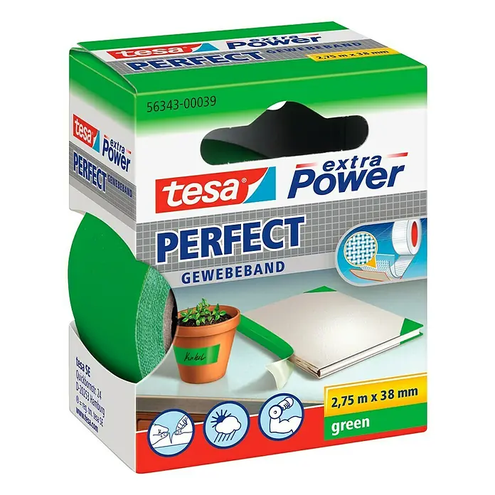 Tesa Extra Power Gewebeband PERFECT - Grün, 2,75 m x 38 mm - Linke Seitenansicht