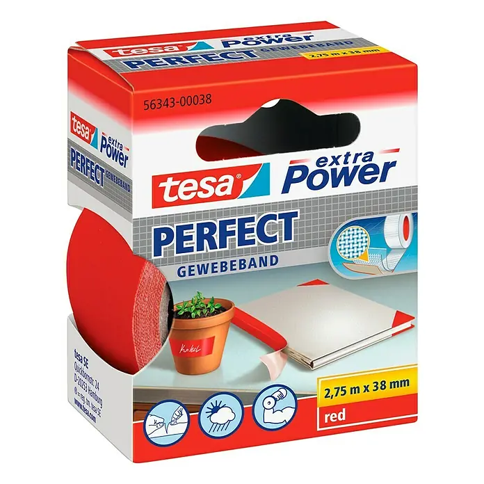 Tesa Extra Power Gewebeband PERFECT - Rot, 2,75 m x 38 mm - Linke Seitenansicht