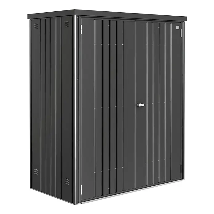 Biohort Geräteschrank 150 - Außenbreite inkl. Dachüberstand: 155 cm, Außentiefe inkl. Dachüberstand: 83 cm, Stahl, Dunkelgrau Metallic - Linke Seitenansicht