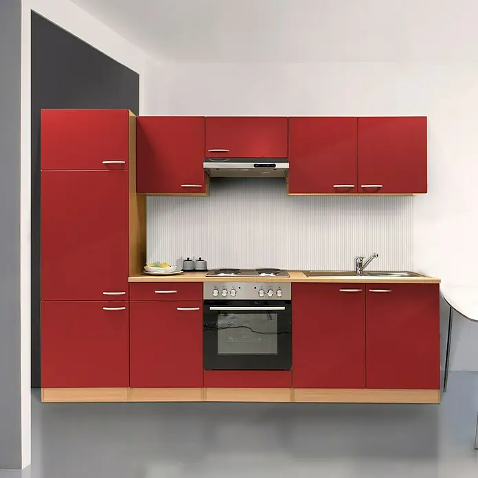 Respekta Küchenzeile KB270BRE - Breite: 270 cm, Ohne Elektrogeräte, Rot - Vorderansicht