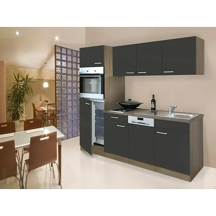 Respekta Singleküche KB205EYG - Breite: 205 cm, Mit Duo-Kochmulde, Eiche York-Nachbildung, Grau