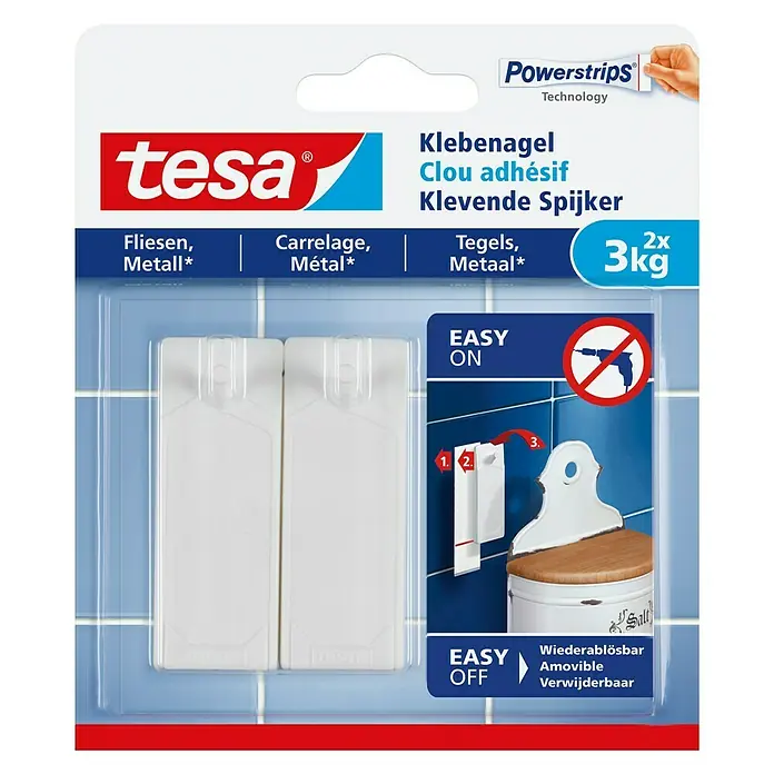 Tesa Klebenagel - Geeignet für: Fliesen, Belastbarkeit: 3 kg, 2 Stk., Weiß - Vorderansicht