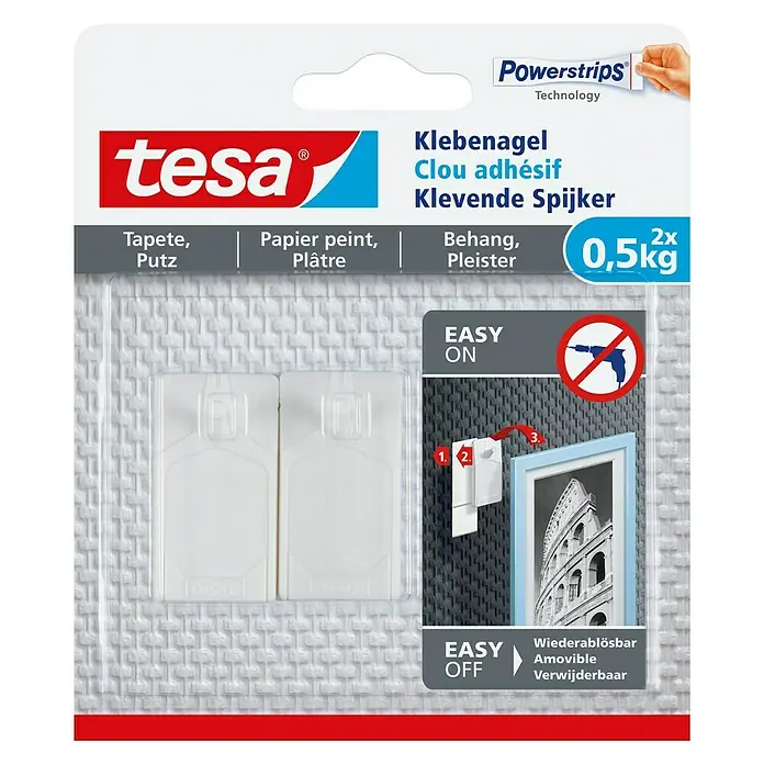 Tesa Klebenagel - Geeignet für: Tapeten, Belastbarkeit: 0,5 kg, 2 Stk., Weiß - Vorderansicht