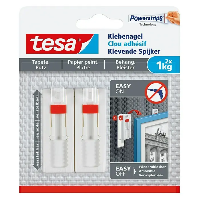 Tesa Verstellbarer Klebenagel - Geeignet für: Tapeten, Belastbarkeit: 1 kg, 2 Stk., Weiß - Vorderansicht