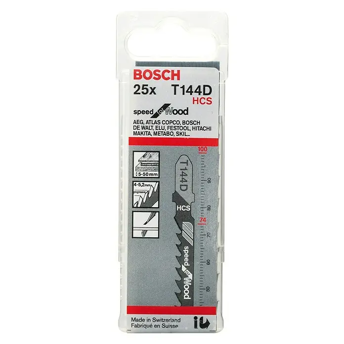 Bosch Listovi za ubodnu pilu T 144 D - Meko drvo / vlaknasta ploča, 25 Kom., T-završetak - Pogled sprijeda