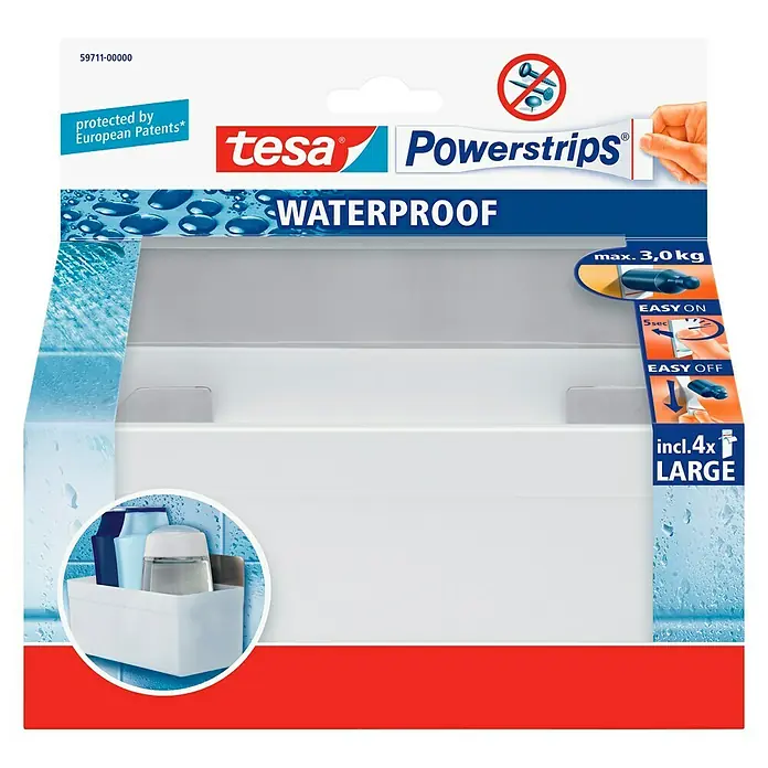 Tesa Powerstrips Waterproof Duschablage - Edelstahl, Weiß - Vorderansicht