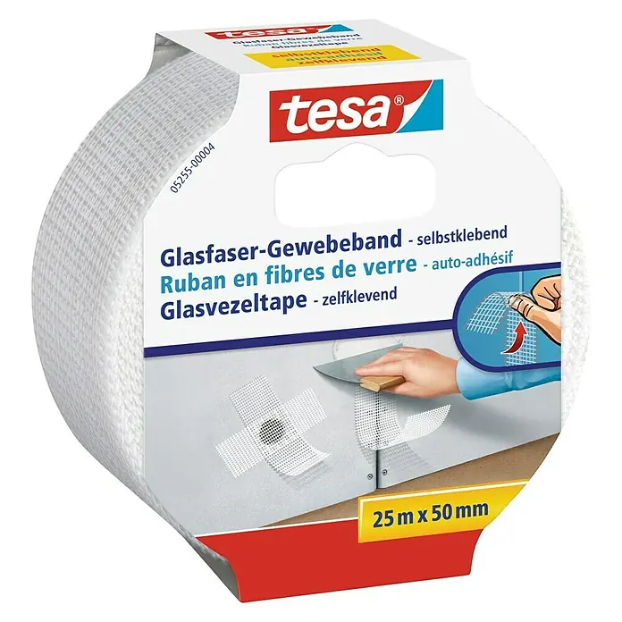 Tesa Glasfasergewebeband - Selbstklebend, 25 m x 50 mm - Linke Seitenansicht