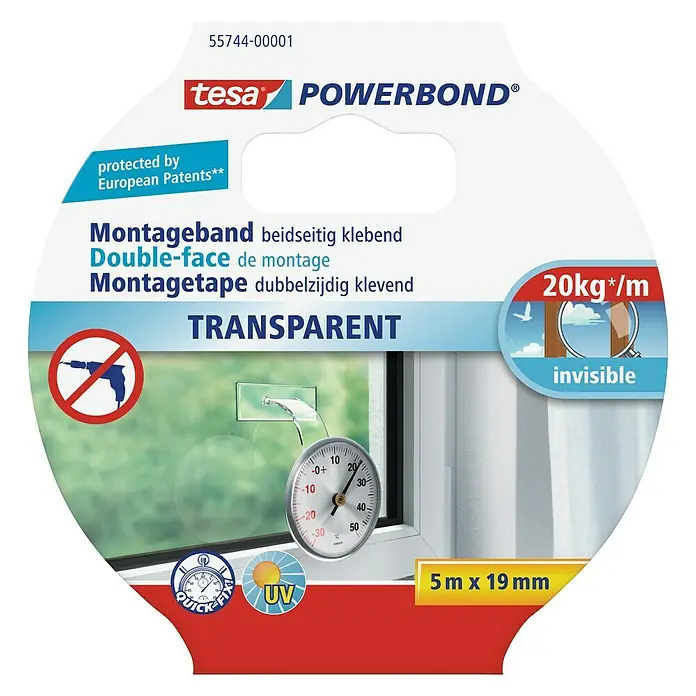 Tesa Powerbond Montagetape Transparant - 5 m x 19 mm, Dubbelzijdig zelfklevend - Vooraanzicht
