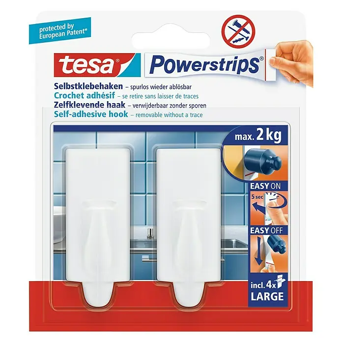 Tesa Powerstrips Selbstklebehaken - Rechteckig, Größe: L, Weiß, 2 Stk. - Vorderansicht