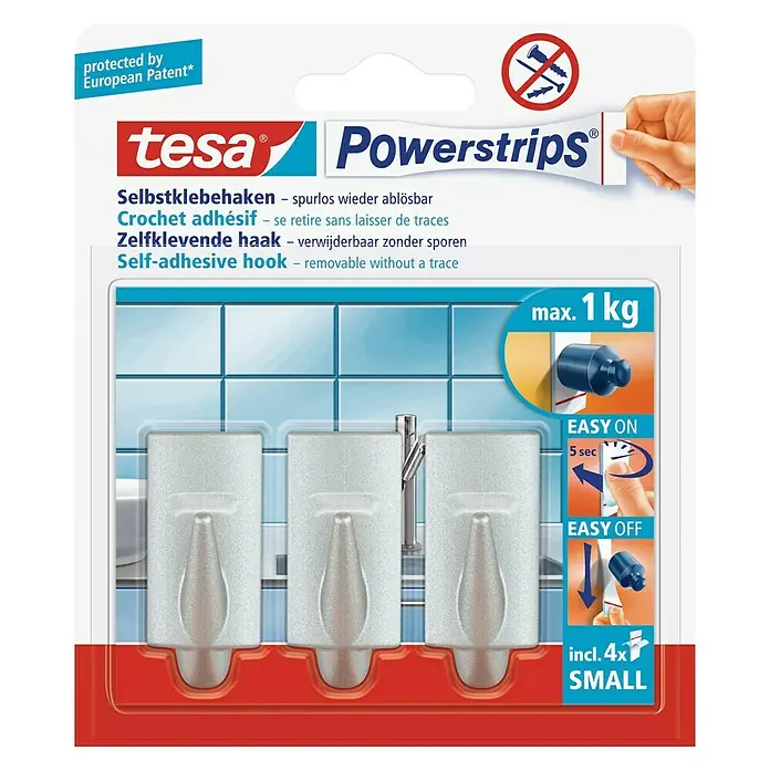Tesa Powerstrips Zelfklevende haak - Rechthoekig, Grootte: S, Mat chroom, 3 st. - Vooraanzicht