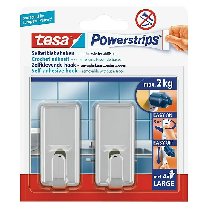 Tesa Powerstrips Zelfklevende haak - Grootte: L, Chroom, 2 st. - Vooraanzicht
