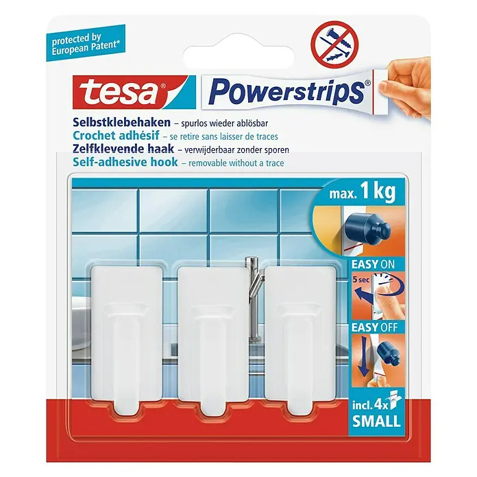 Tesa Powerstrips Samoljepljivi držač - Veličina: S, Bijele boje, 3 Kom. - Pogled sprijeda