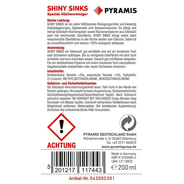 Pyramis Spülenpflege Shiny Sinks - 200 ml, Edelstahlspülbecken - Ansicht von oben