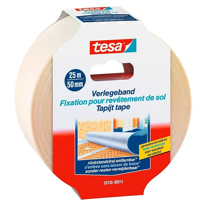 Tesa Verlegeband - 25 m x 50 mm, Beidseitig selbstklebend, Rückstandslos entfernbar, Geeignet für: Teppiche - Linke Seitenansicht
