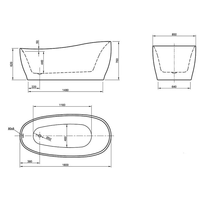 Ottofond Freistehende Badewanne Domani - 180 x 85 cm, Sanitäracryl, Weiß