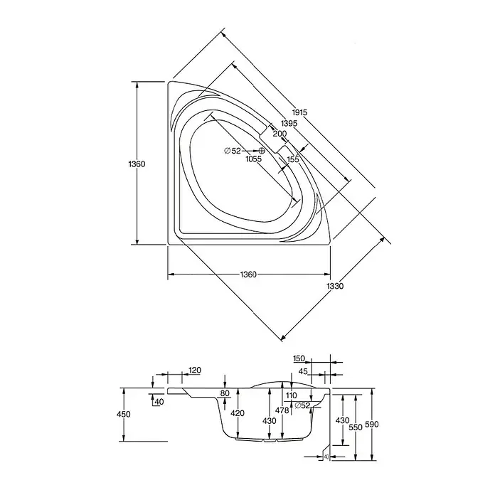 Ottofond Eckbadewanne Papeete - 136 x 136 cm, Sanitäracryl, Weiß