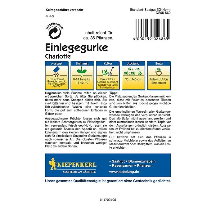 Kiepenkerl Profi-Line Gemüsesamen Einlegegurke Charlotte - Cucumis sativus, Erntezeit: Juli - Rückansicht