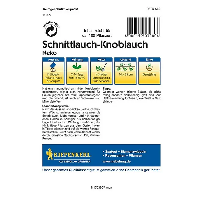 Kiepenkerl Profi-Line Kräutersamen Schnittknoblauch Neko - Allium tuberosum, Saatzeit: April, Erntezeit: Ganzjährig - Rückansicht