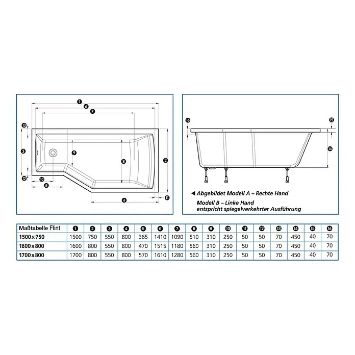 Ottofond Badewanne Flint A - Rechtsseitig, 170 x 80/55 x 45 cm, Sanitäracryl, Weiß - Ansicht von oben