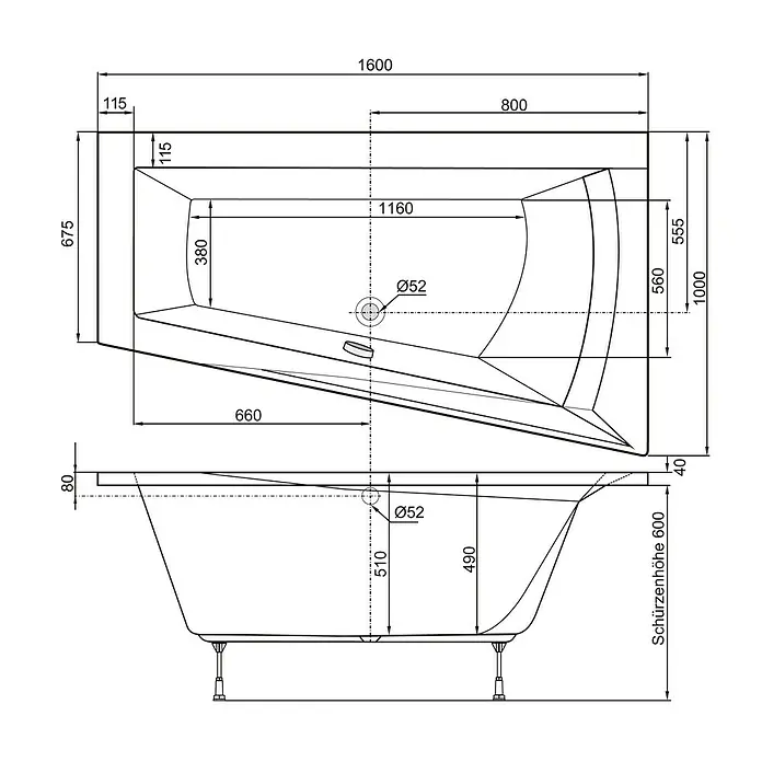Ottofond Badewanne Cebu 1 A - Rechtsseitig, 160 x 100/67,5 x 51 cm, Sanitäracryl, Weiß - Ansicht von oben