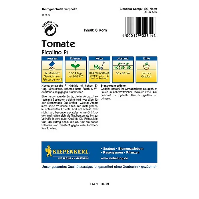 Kiepenkerl Profi-Line Gemüsesamen Cocktailtomate Picolino F1 - Lycopersicon esculentum, Erntezeit: Juli - Rückansicht