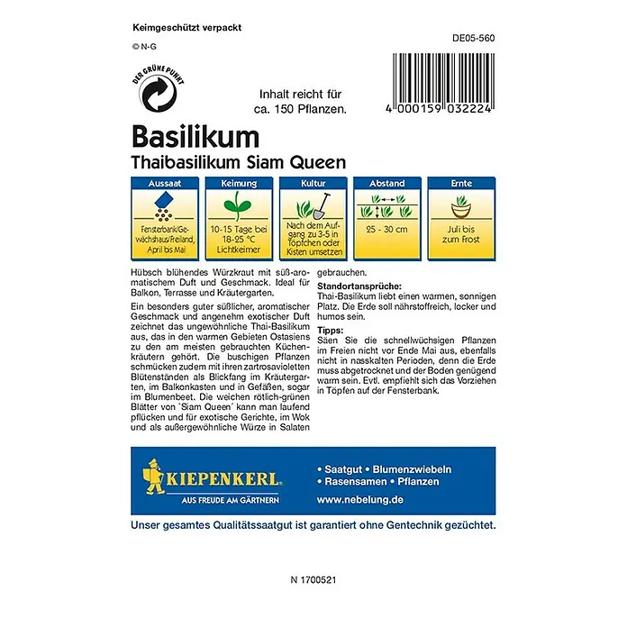 Kiepenkerl Profi-Line Kräutersamen Thaibasilikum - Ocimum basilicum, Saatzeit: April, Erntezeit: Juli - Rückansicht