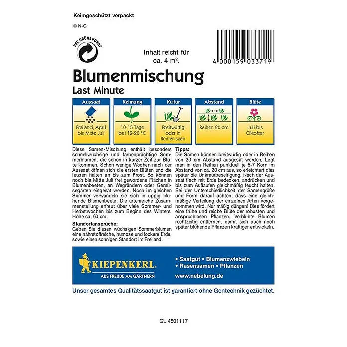 Kiepenkerl Profi-Line Blumensamenmischung Last Minute - Verschiedene Sorten, Blütezeit: Juli, 4 m² - Rückansicht