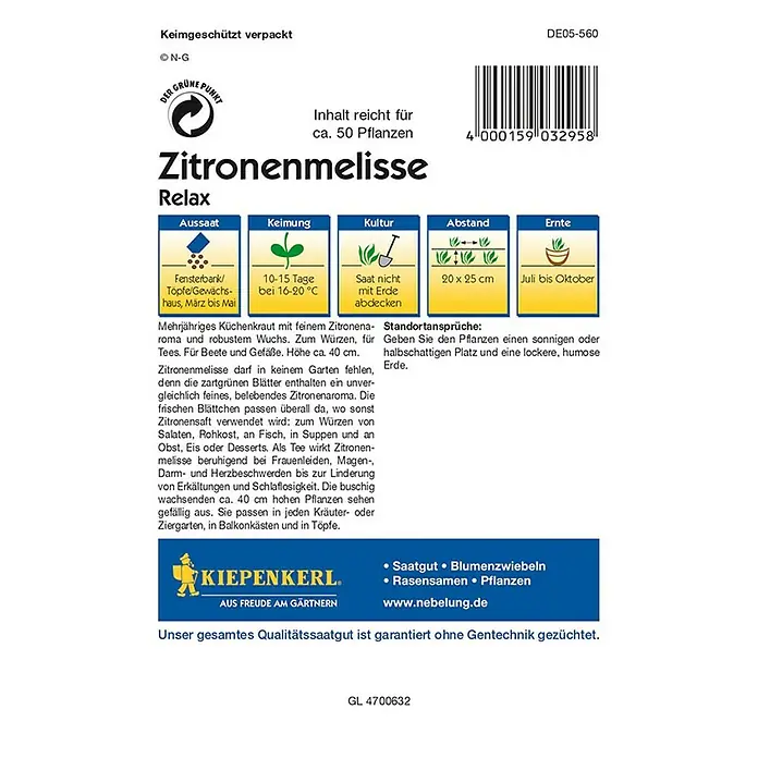 Kiepenkerl Profi-Line Kräutersamen Zitronenmelisse Relax - Melissa officinalis, Erntezeit: Juli - Rückansicht